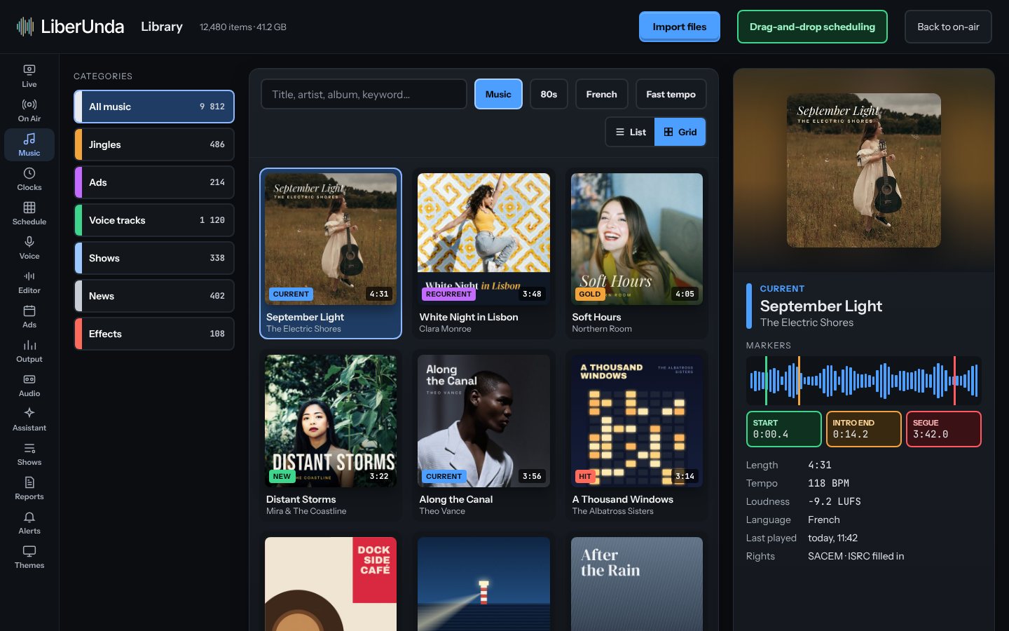 Music library with BPM, loudness and markers