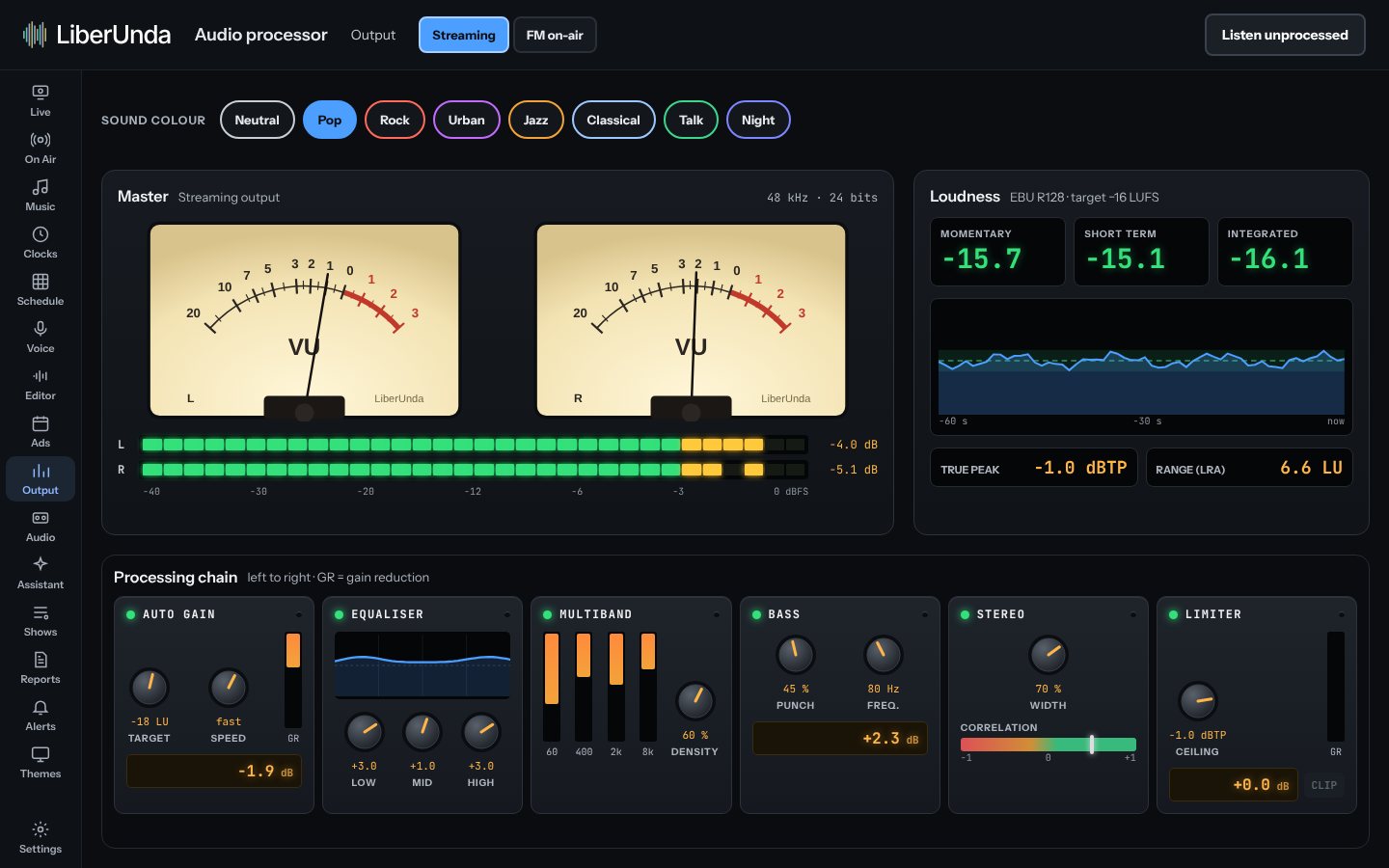 Audio processor with VU meters, loudness and processing modules